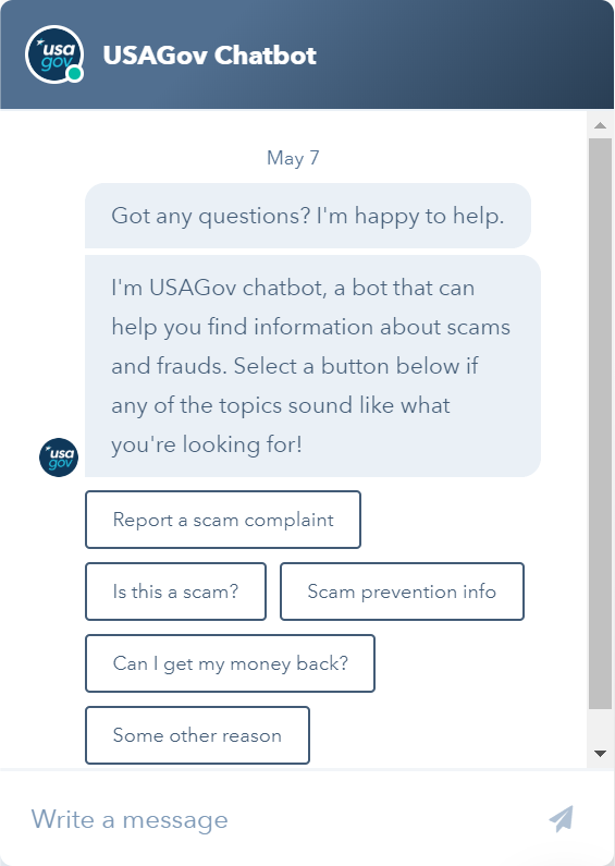 USA.gov’s chatbot initiates an interaction with a user.